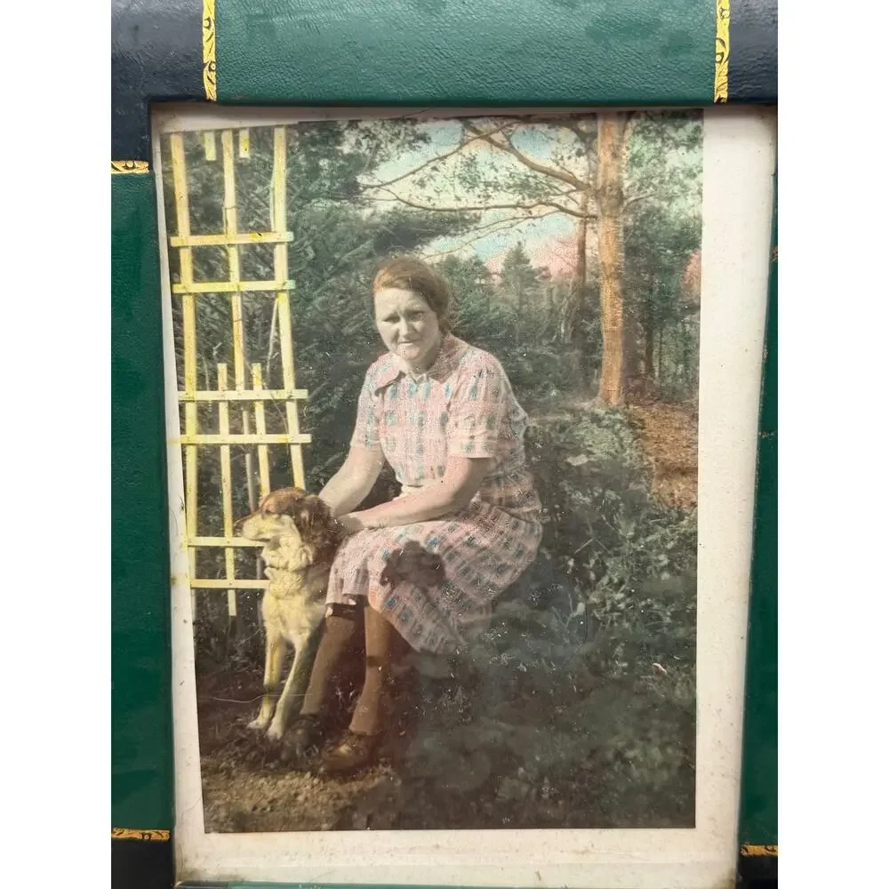 Vintage Hand-Tinted Woman & Dog Portrait in Green Leatherette Frame - 8”x10”